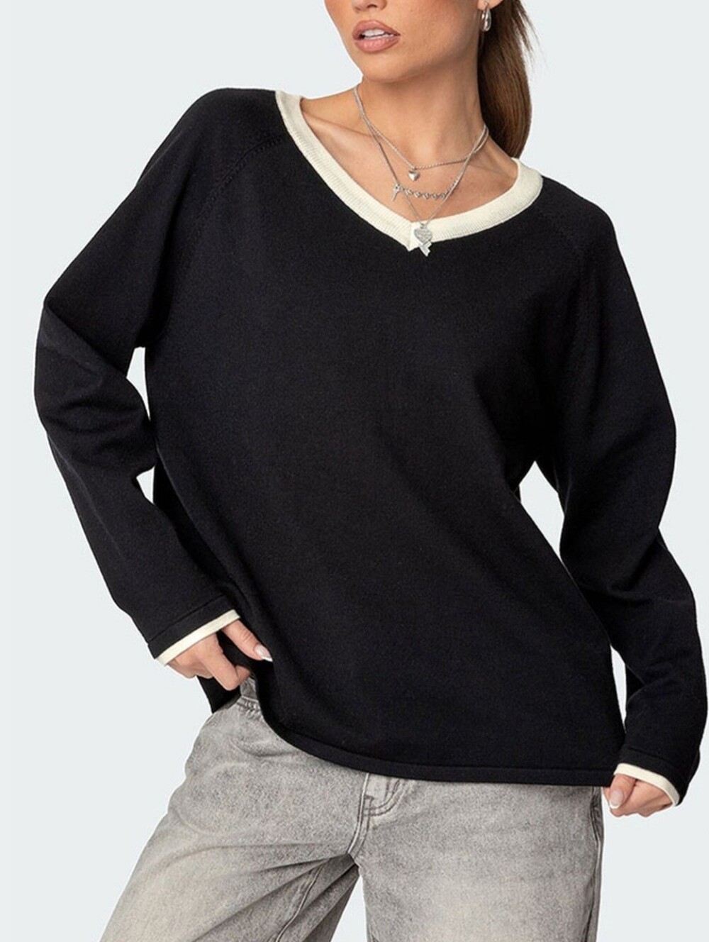 Edikted Contrast V Neck Knit Sweater